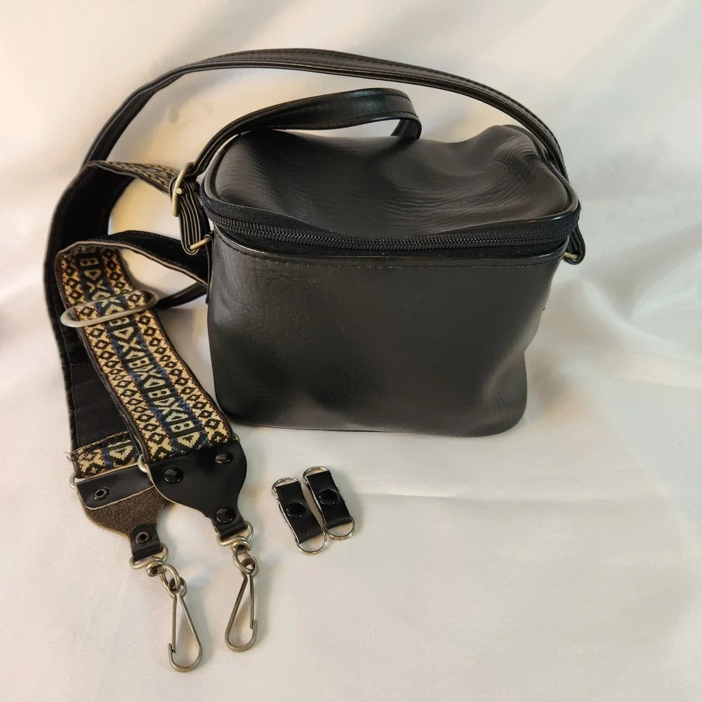 VTG 1970s Hippie Woven Geometric Camera Strap & Bag Set Structured Black Boho